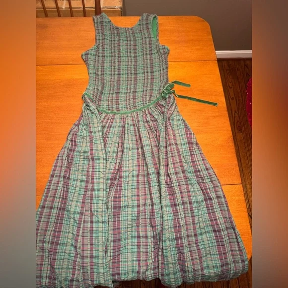 Free People Nightingale Plaid Maxi Dress L Green Purple Smocked Cottagecore - Picture 7 of 8